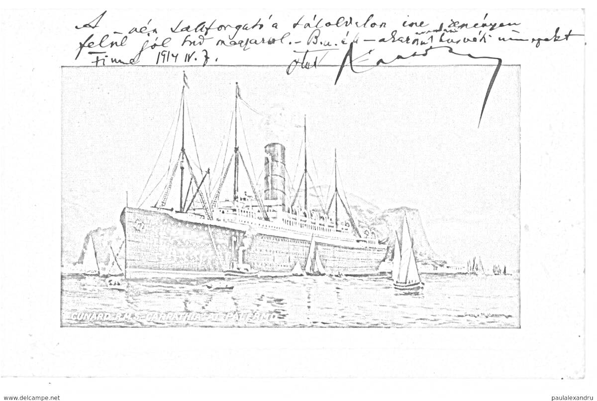 Раскраска Корабль «Карпатия» на фоне береговой линии с парусными лодками