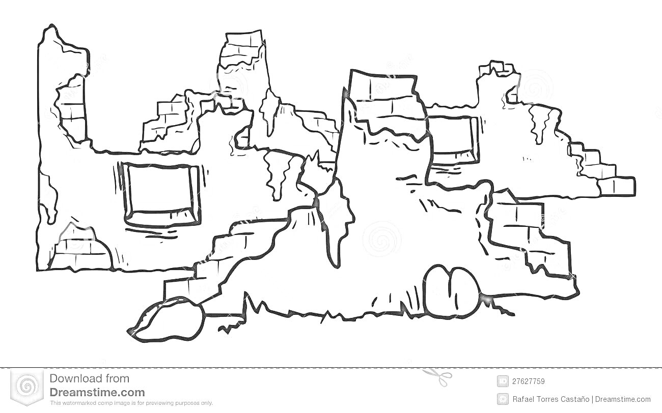 На раскраске изображено: Разрушенные дома, Окна, Руины, Кирпичная стена