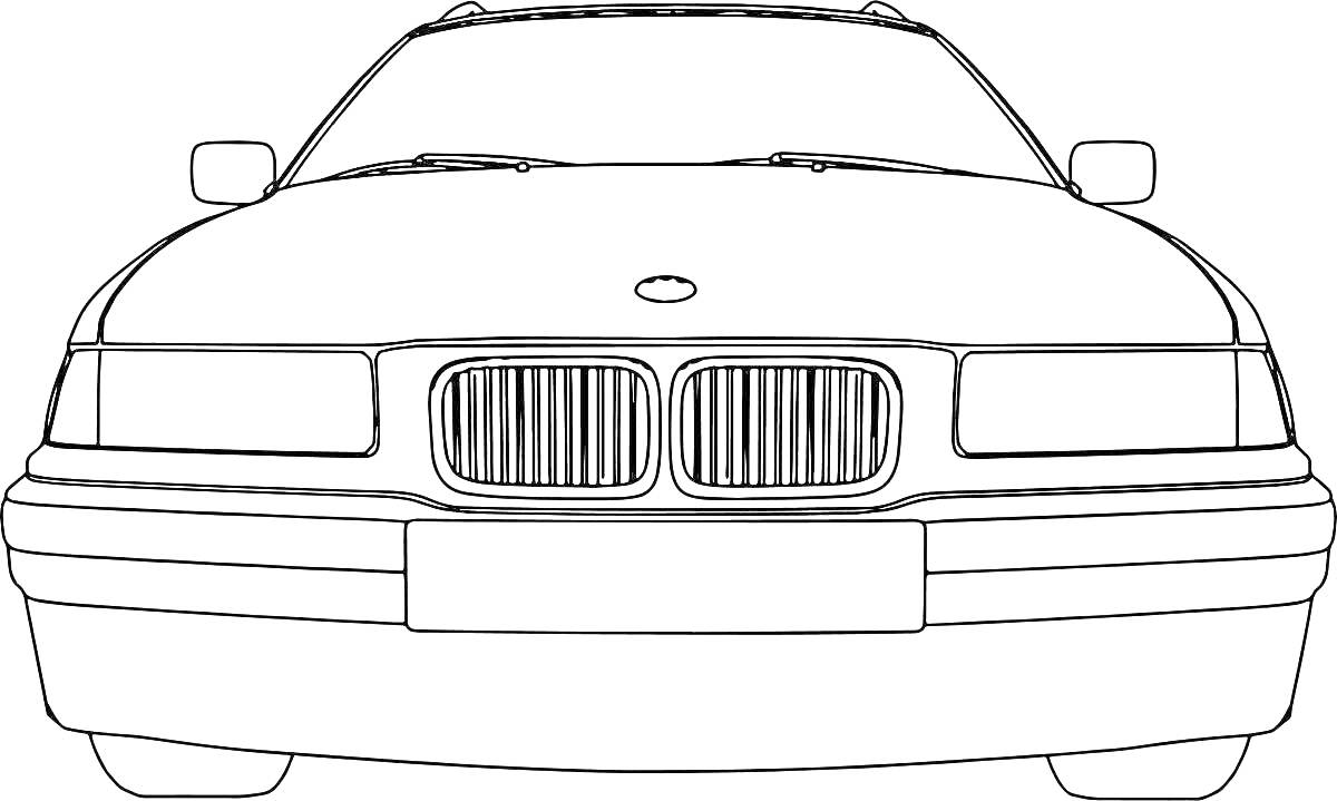 Раскраска Фронтальный вид BMW E34 с капотом, передними фарами, радиаторной решеткой, боковыми зеркалами, бампером и номерным знаком