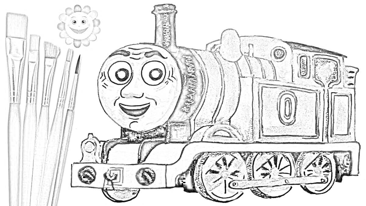На раскраске изображено: Паровозик Томас, Кисточки, Солнце, Поезд, Детский персонаж, Игрушки, Страх