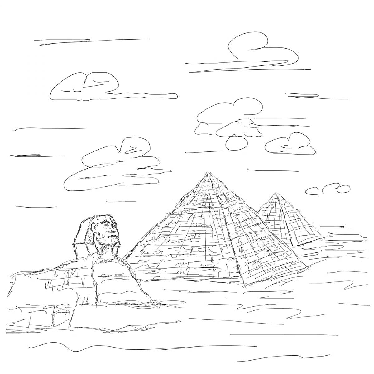 На раскраске изображено: Сфинкс, Египет, Облака, Небо, Древние сооружения