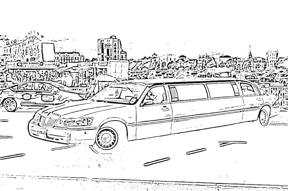 Раскраска Лимузин на дороге в городе, с улицами, зданиями и автомобилями на заднем плане