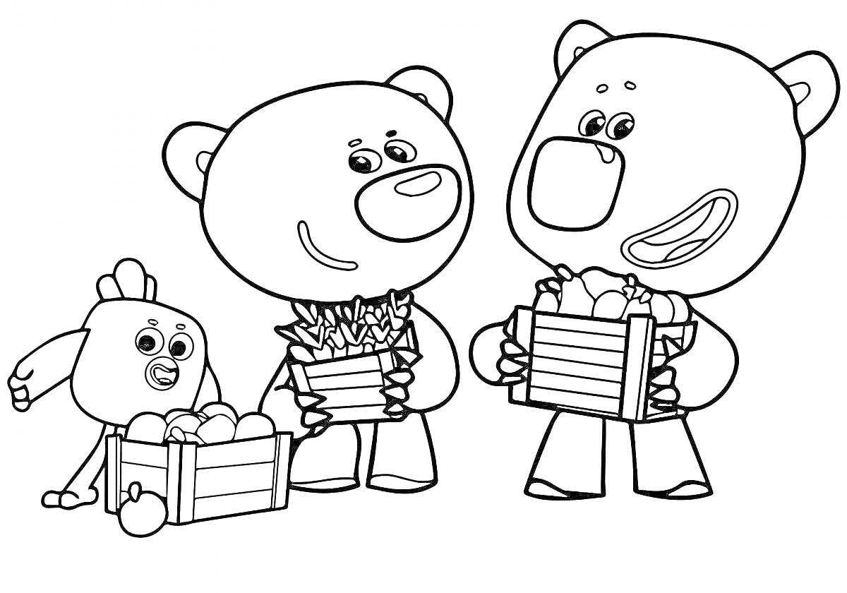 Раскраска Два медведя с ящиками фруктов и овощей, курица с ящиком яиц