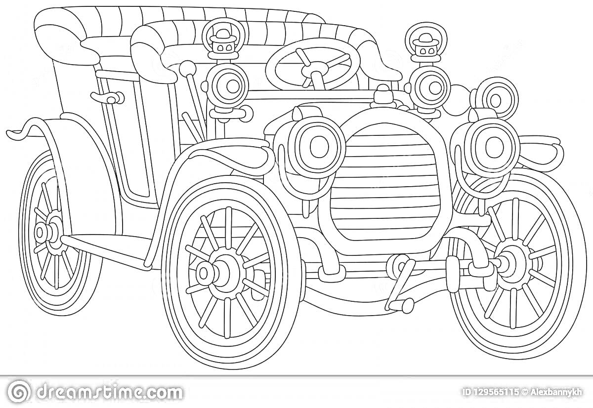 Раскраска Ретро автомобиль с открытым верхом, четырьмя фарами, декоративными фарами на передних крыльях и кожаным салоном