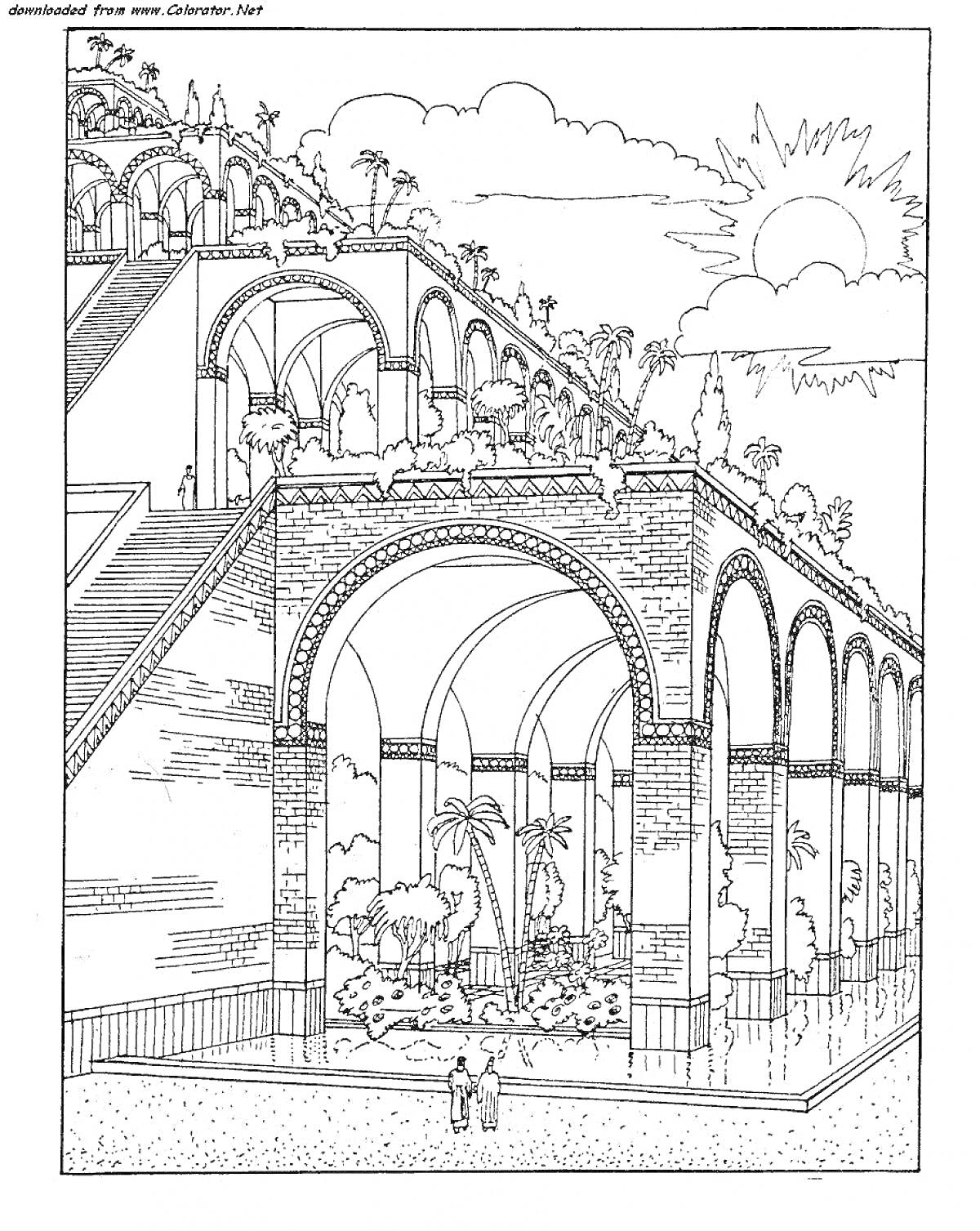 Раскраска Висячие сады Семирамиды: террасы с арками, пальмы, растения, водопады, арочные конструкции, два человека на переднем плане, облака, солнце
