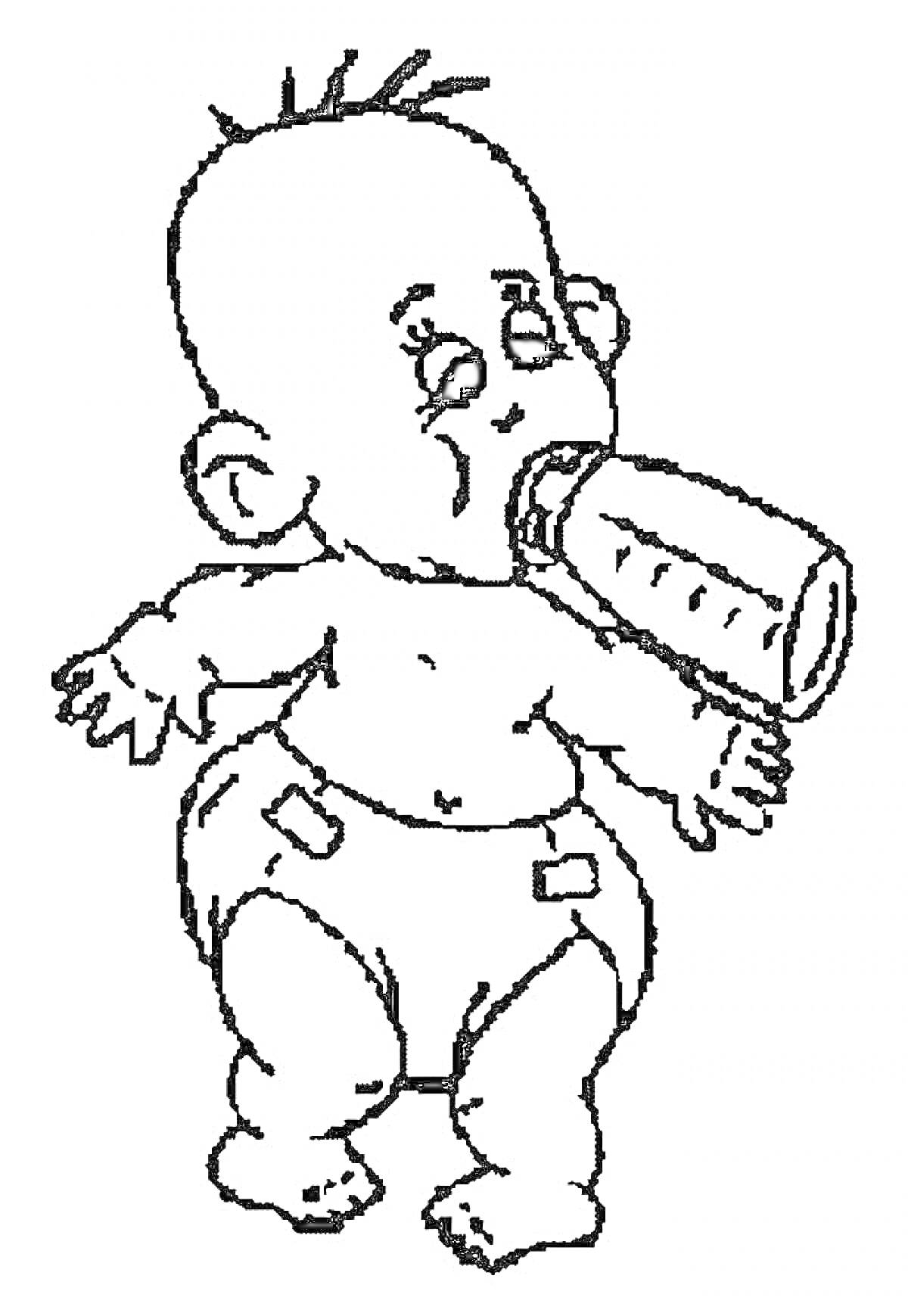 На раскраске изображено: Пупсик, Малыш, Младенец, Детство, Бутылка, Корм