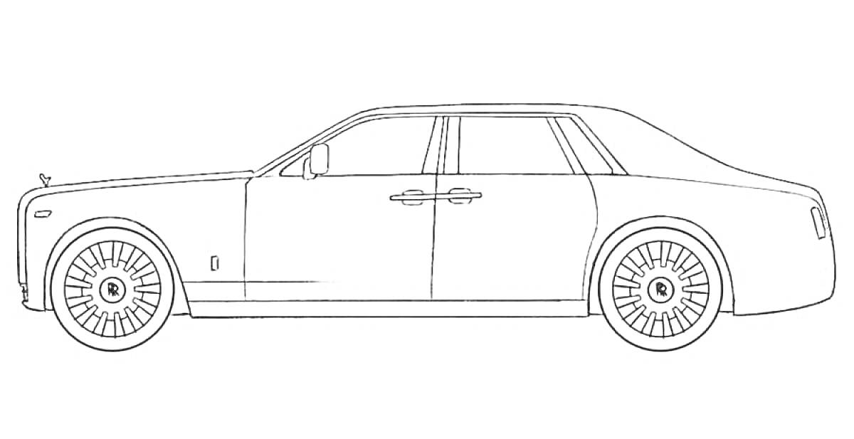 Рисунок Роллс-Ройс с боковым видом, видны четыре двери, окна, колеса и передний капот