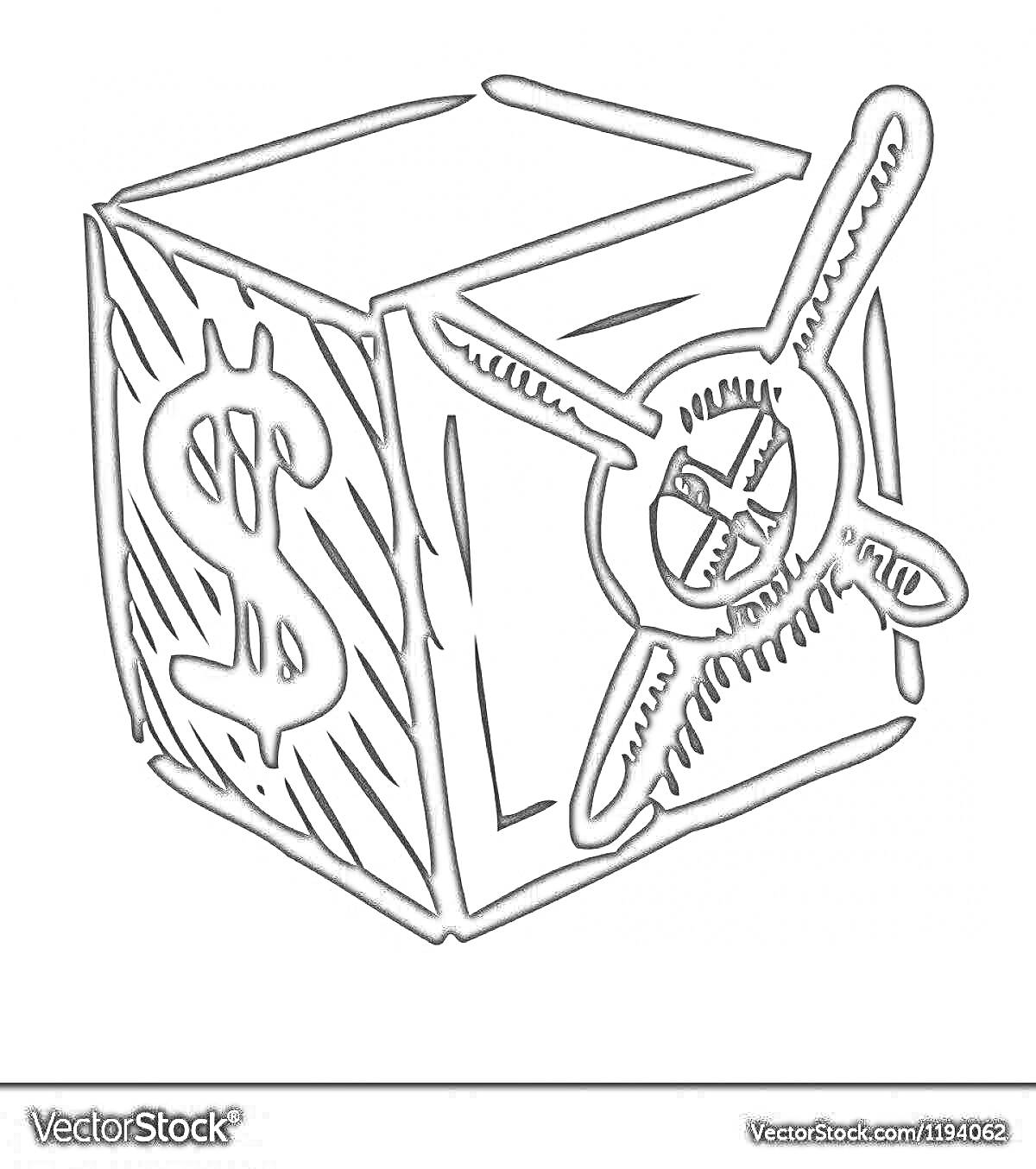 Раскраска Сейф с долларовым знаком и механическим замком