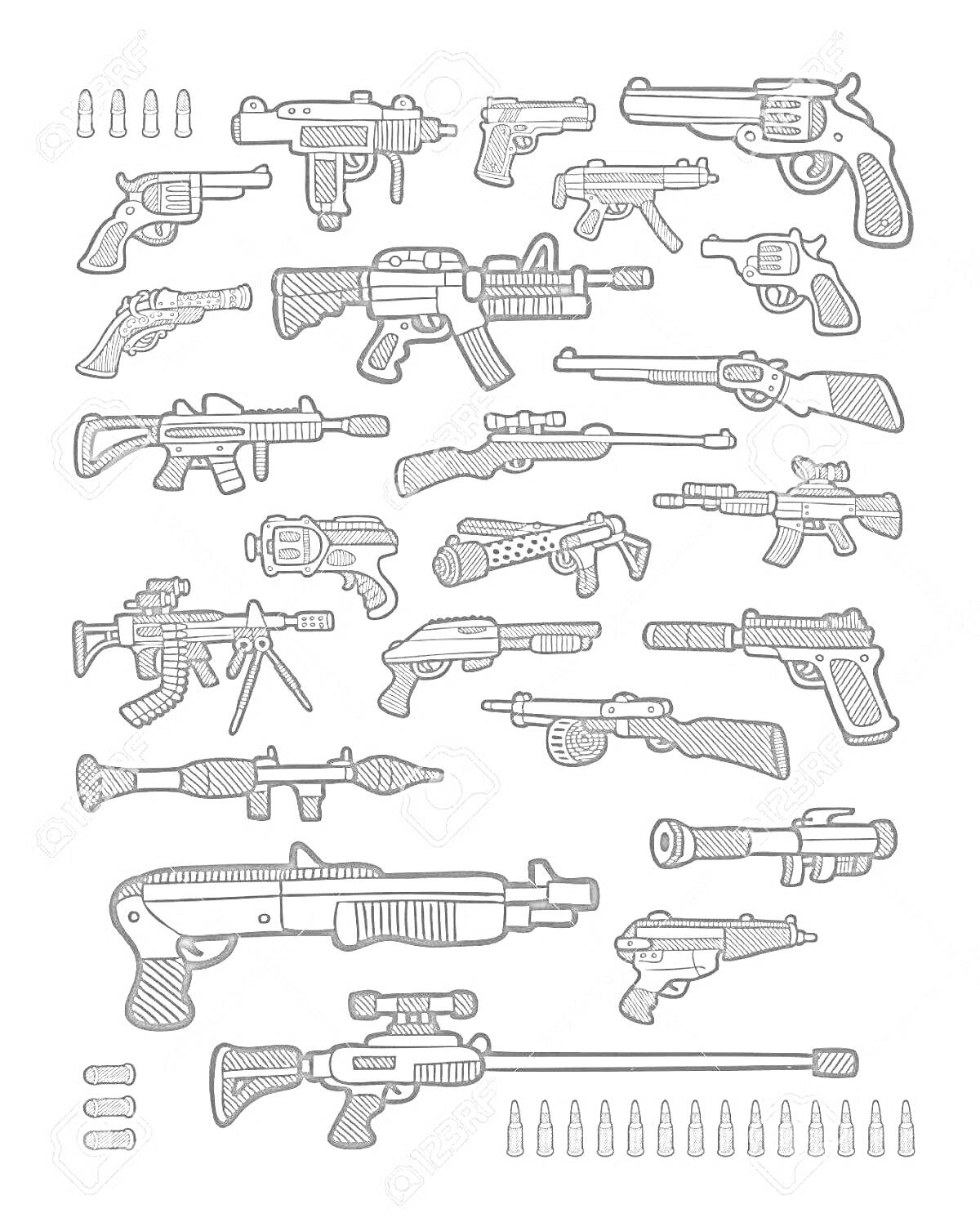 Раскраска Раскраска огнестрельного оружия с патронами