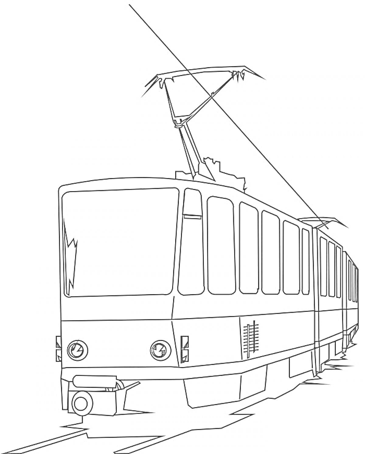 Раскраска Трамвай на рельсах с контактной сетью и панорамными окнами