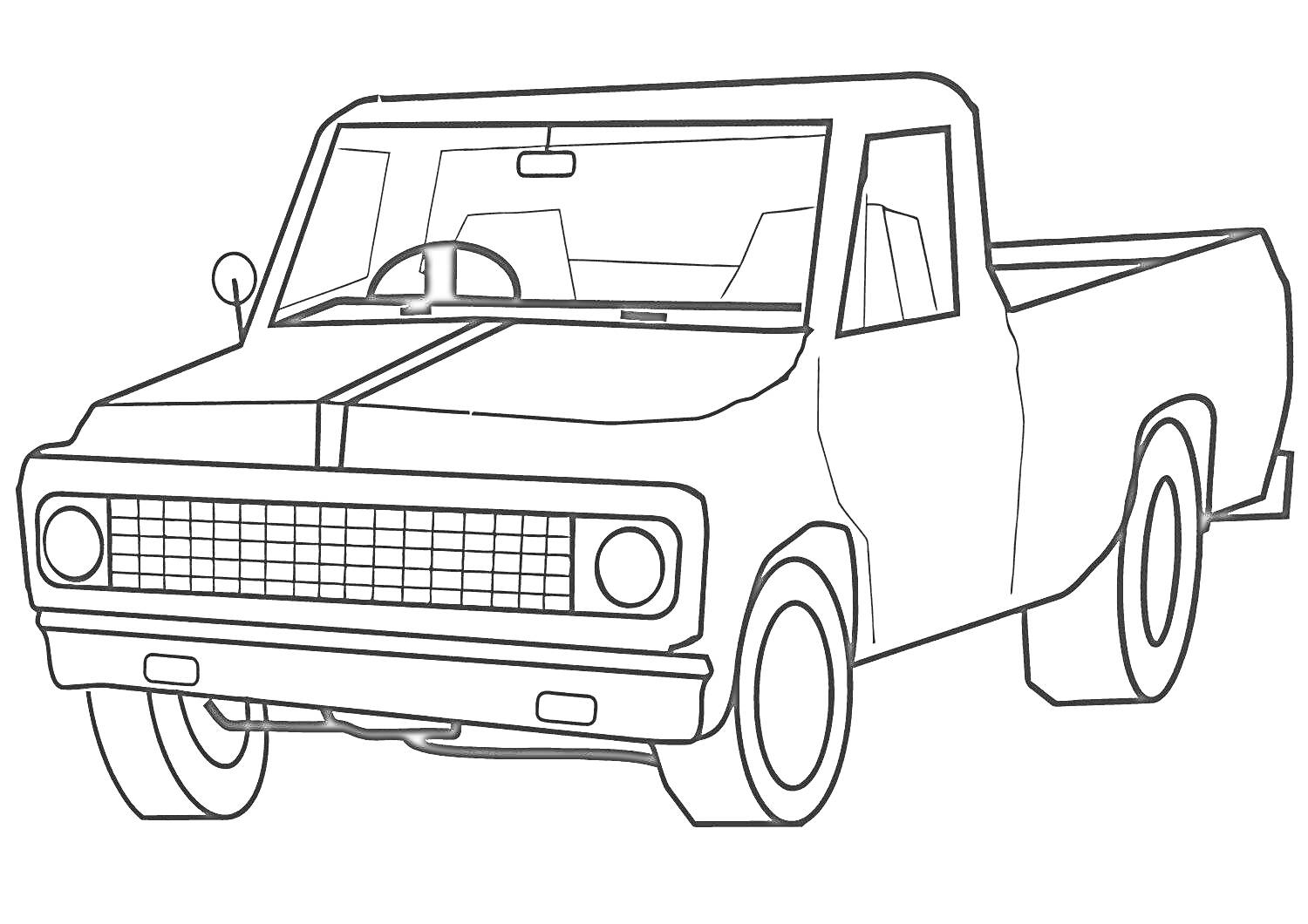 Раскраска Пикап с передней решёткой, передними фарами, передними и задними колёсами, боковыми окнами и задним кузовом