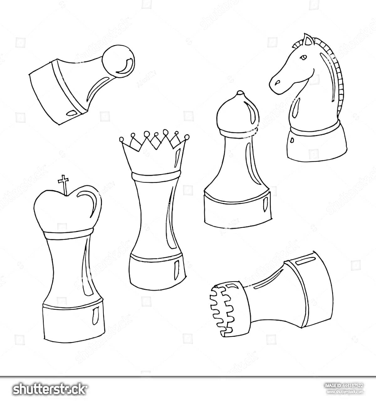 На раскраске изображено: Шахматы, Фигуры, Ладья, Конь, Королева, Слон, Король, Пешка