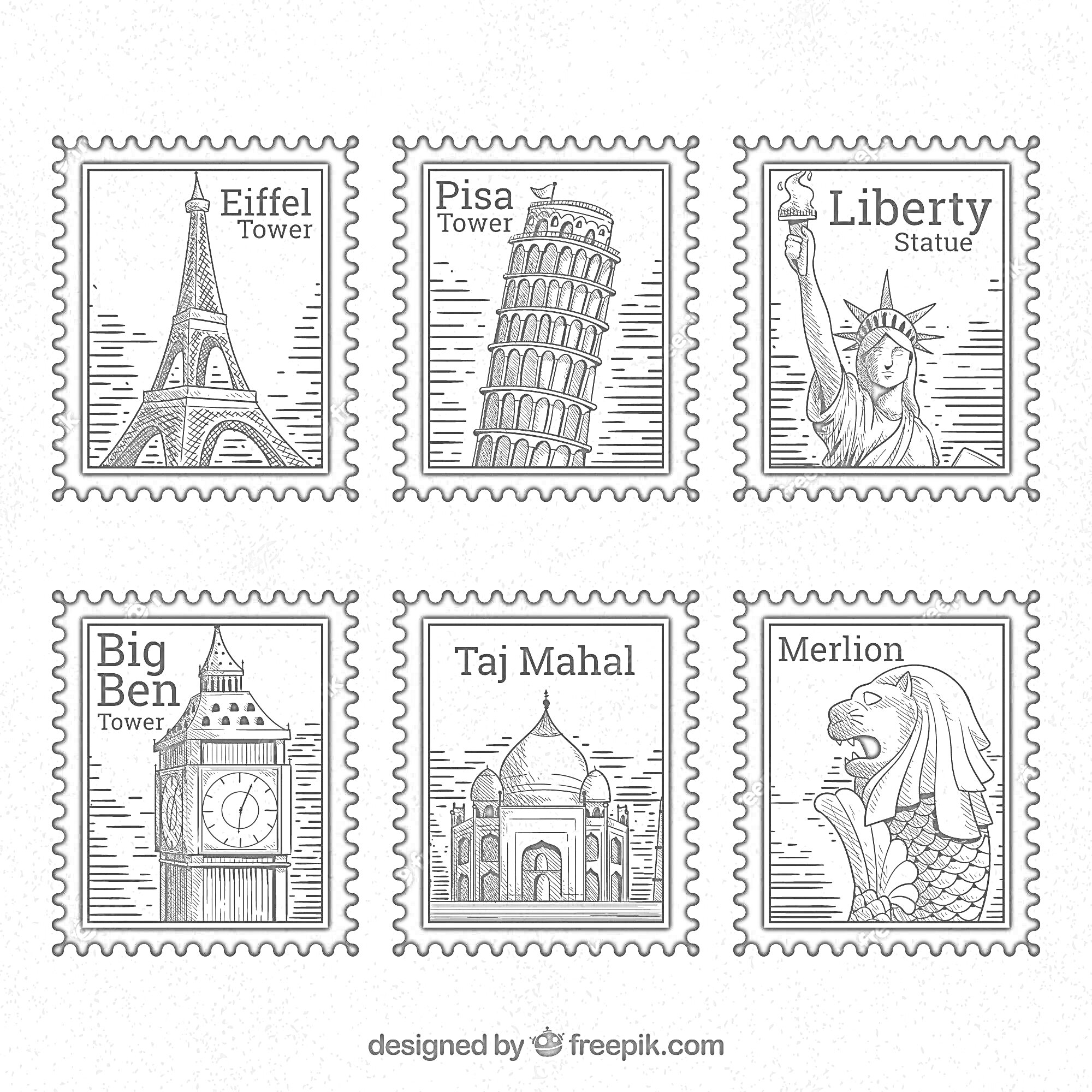 марки с достопримечательностями: Эйфелева башня, Пизанская башня, статуя Свободы, Биг-Бен, Тадж-Махал, Мерлайон