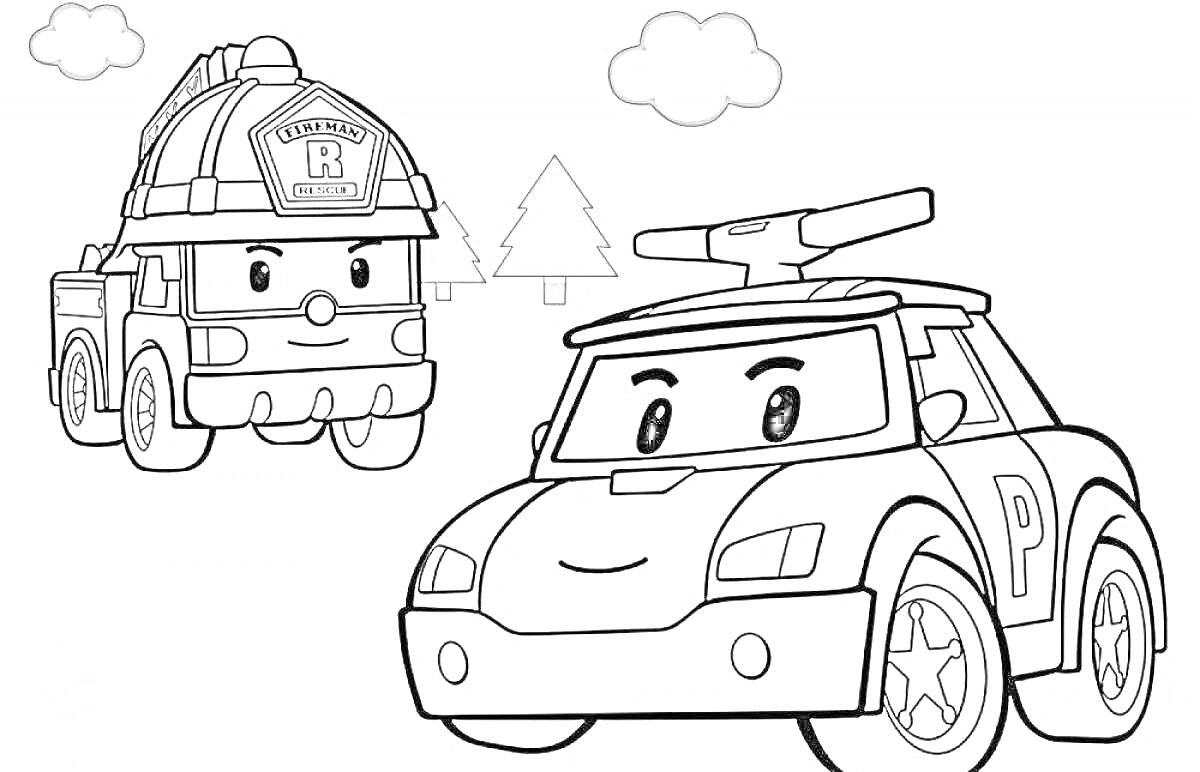 На раскраске изображено: Робокар поли, Пожарная машина, Полицейская машина, Деревья, Облака, Транспорт