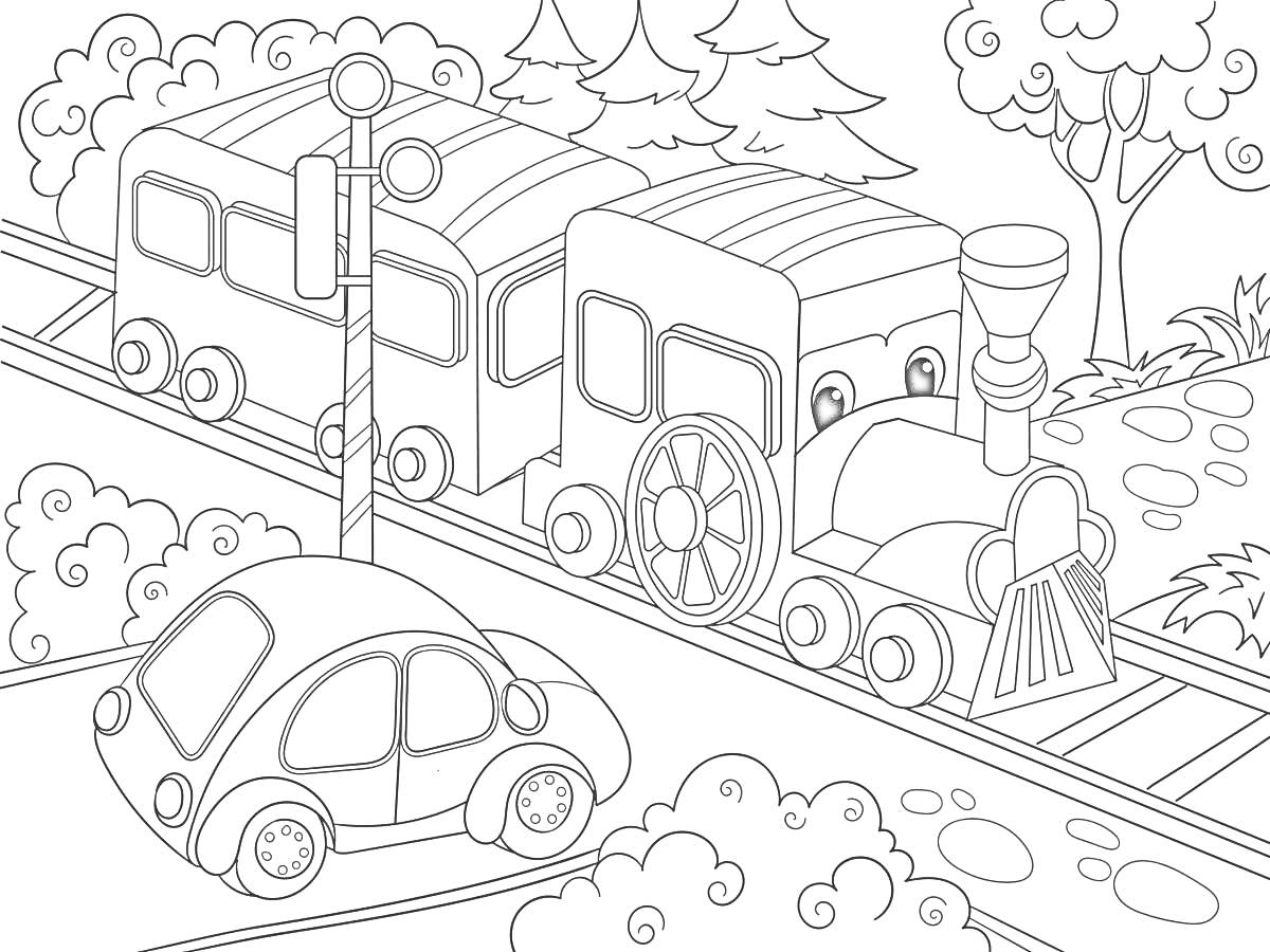На раскраске изображено: Поезд, Железнодорожный переезд, Сигнализация, Деревья, Облака, Рельсы