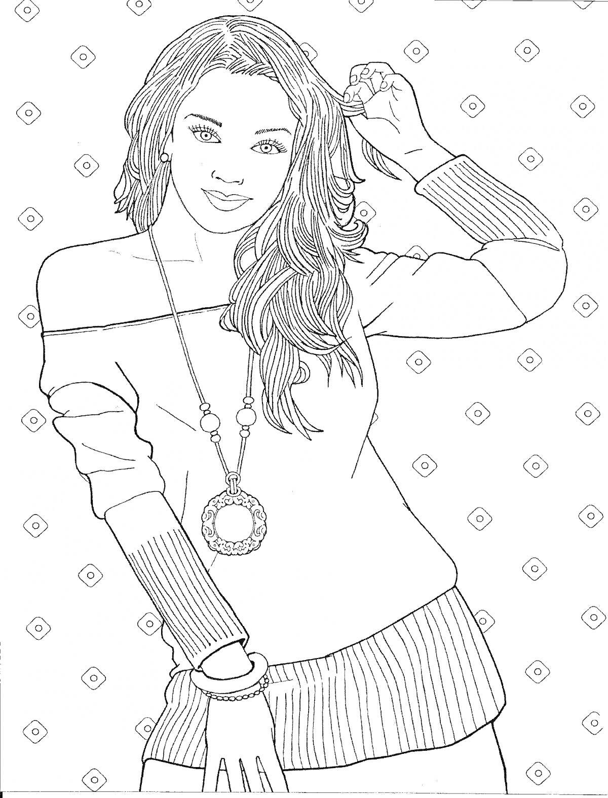 Раскраска Девушка в вязаном свитере с длинными рукавами и ожерельем на фоне геометрического узора