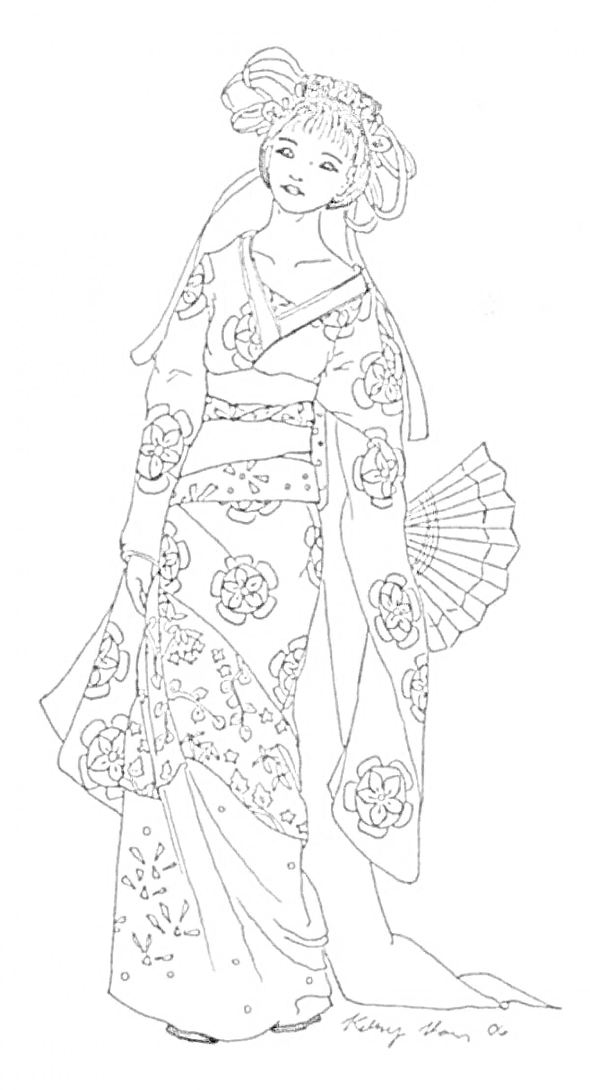 Раскраска Японка в кимоно с веером и цветочным орнаментом