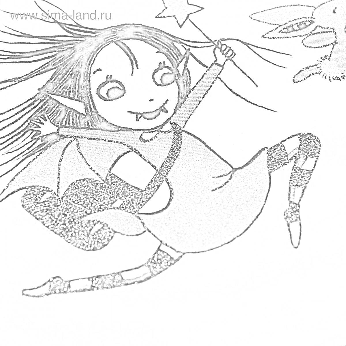 Раскраска Девочка-вампир с задорными клыками держит звездочку и летящего кролика