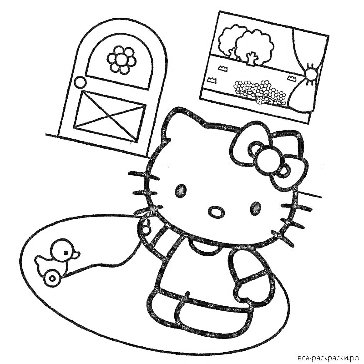 Раскраска Hello Kitty с плюшевой игрушкой на коврике, дверь и окно на заднем фоне