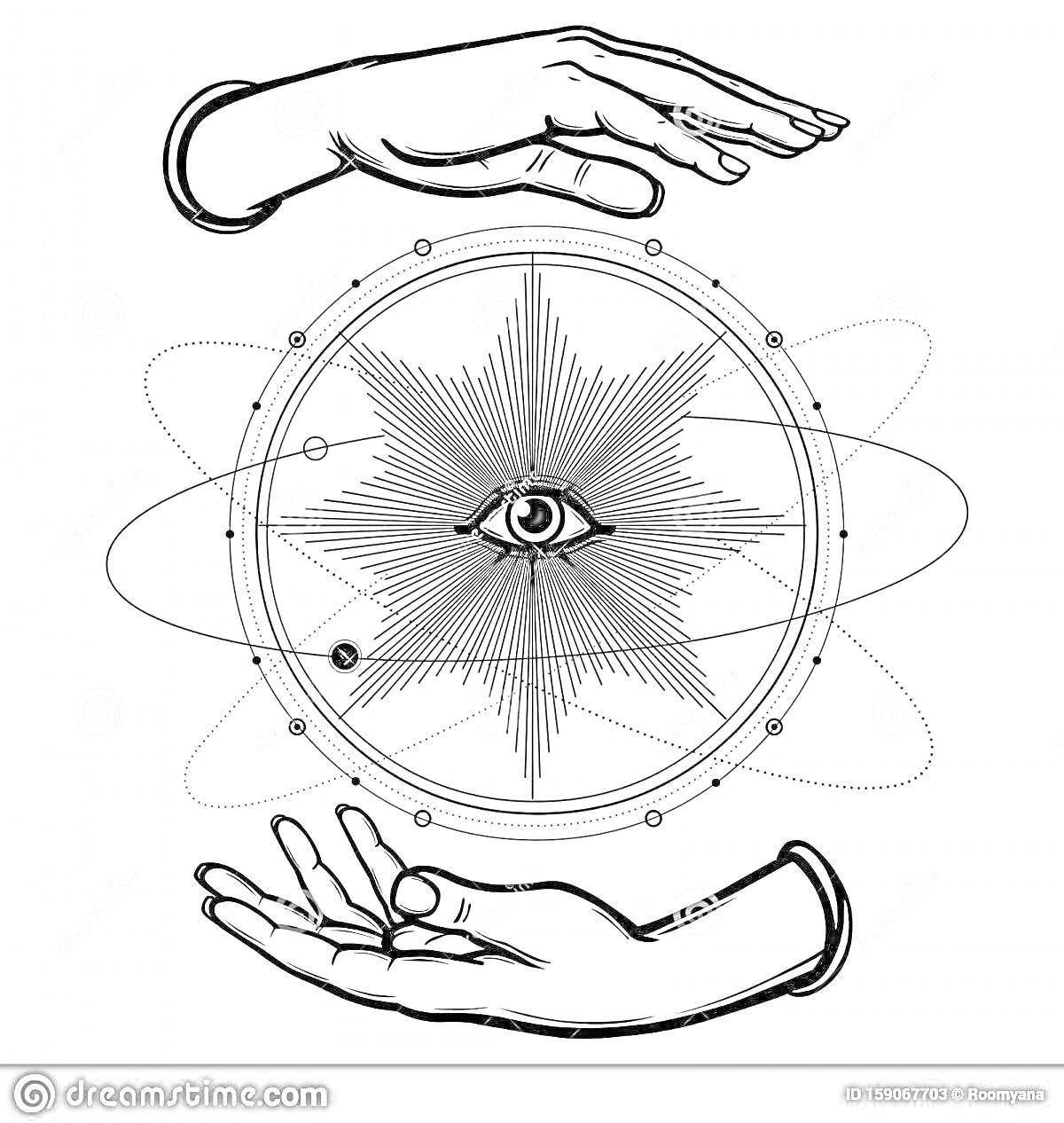 Раскраска Руки, окружающие звезду с глазом, окружённую орбитами частиц