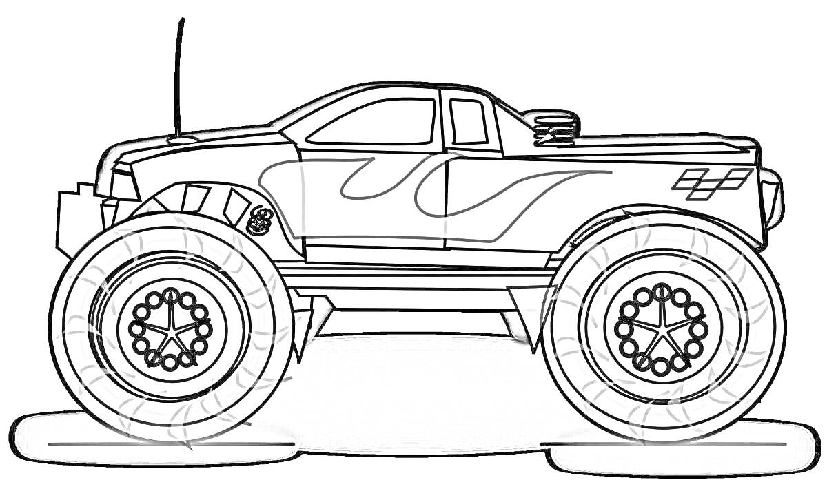 Раскраска Монстр-трак с большими колёсами и пламенными узорами на кузове