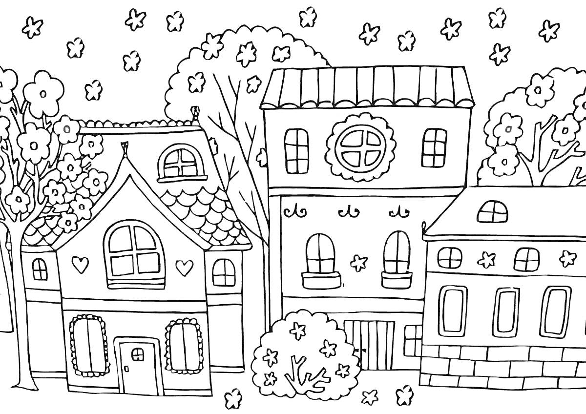 Раскраска Городская улица с тремя домами и деревьями, ночное небо со звездами