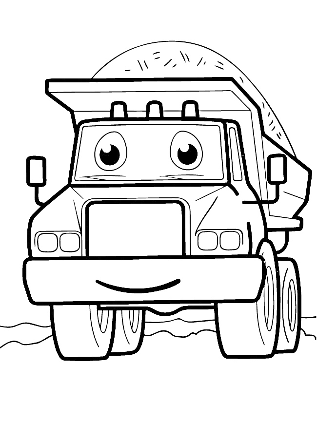 Раскраска Грузовик с кузовом и улыбающейся мордой, большие колёса, груз в кузове.