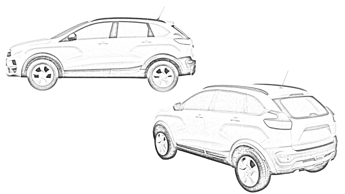 Раскраска Автомобиль Lada Xray с боковой и задней стороны