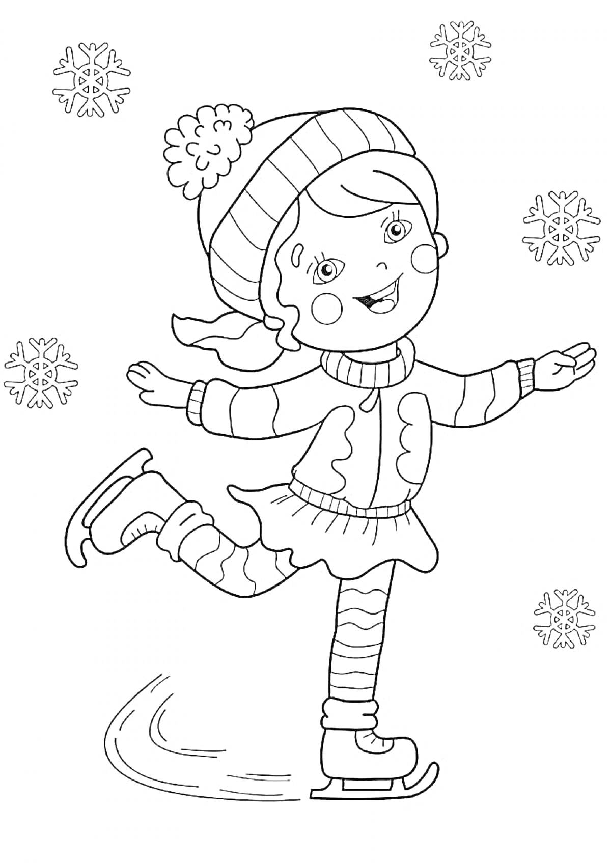На раскраске изображено: Девочка, Коньки, Катание на льду, Зима, Снежинки, Шапка, Шарф, Свитер, Зимняя одежда