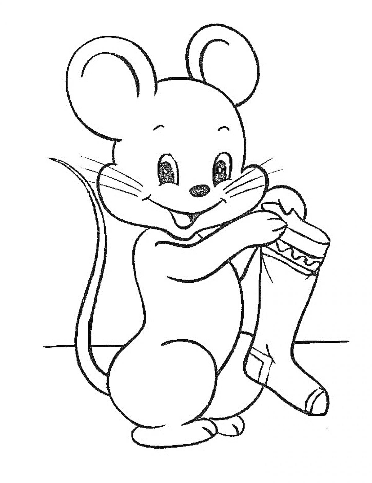 Раскраска Мышка держит носок