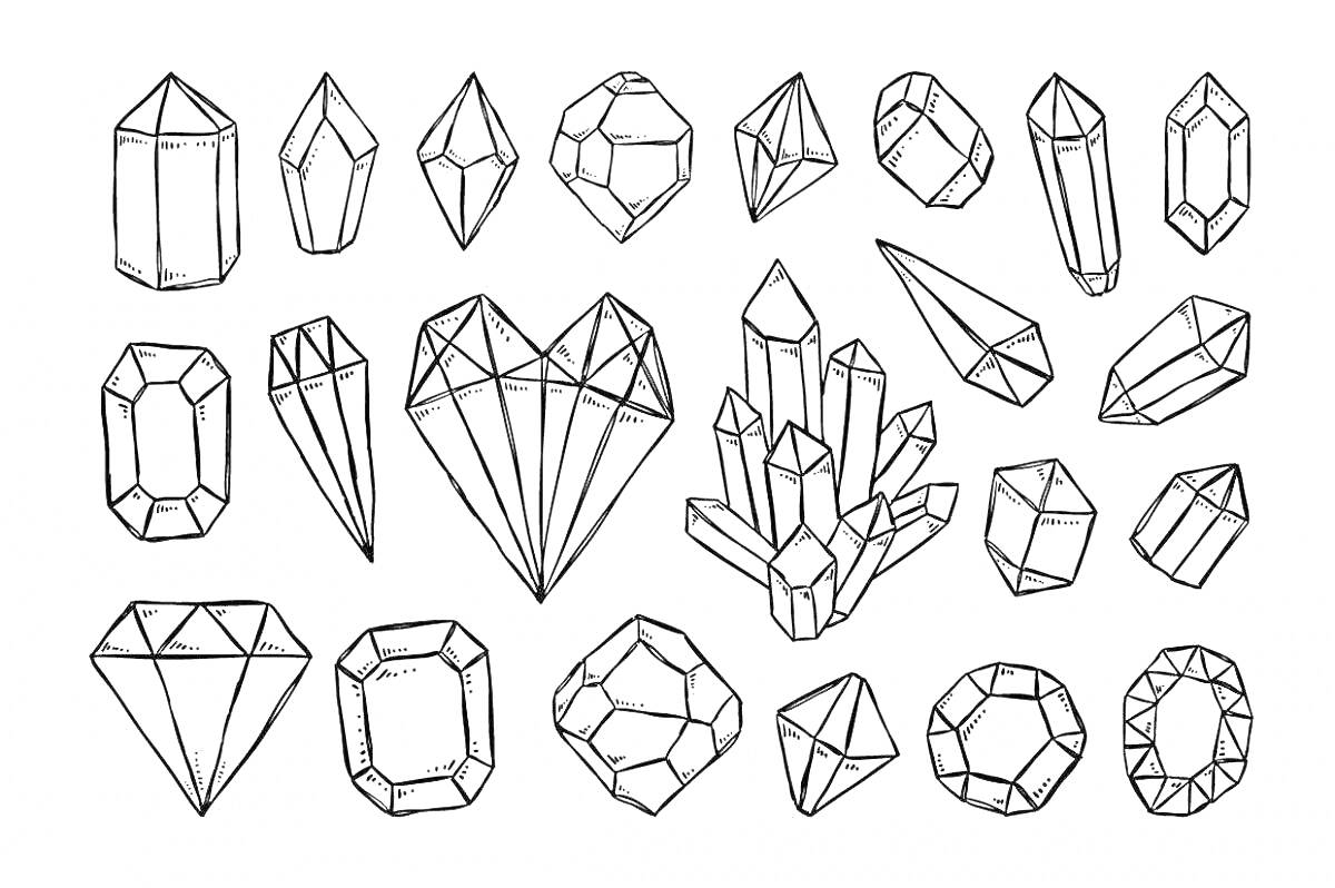 Раскраска Разные виды алмазов, включая ограненные камни, кристаллы, призмы и сердцевидный камень.