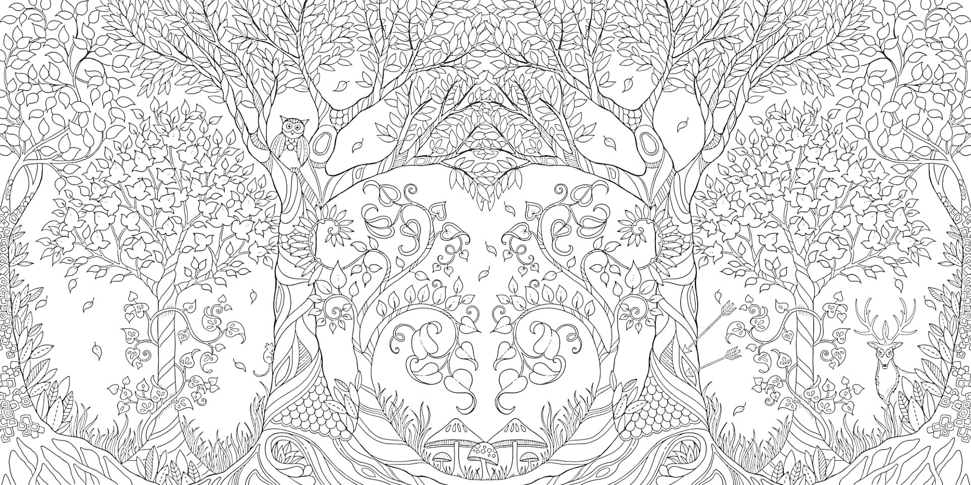 Раскраска Симметричный лесной пейзаж с деревьями, цветами и домиками
