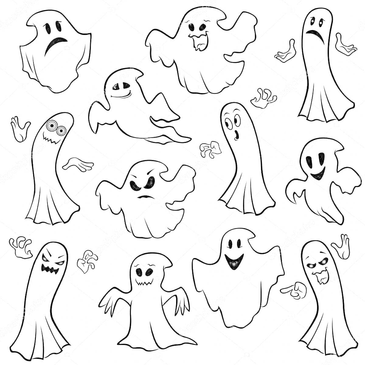 На раскраске изображено: Привидения, Хэллоуин, Улыбка, Радость, Испуг, Жесты
