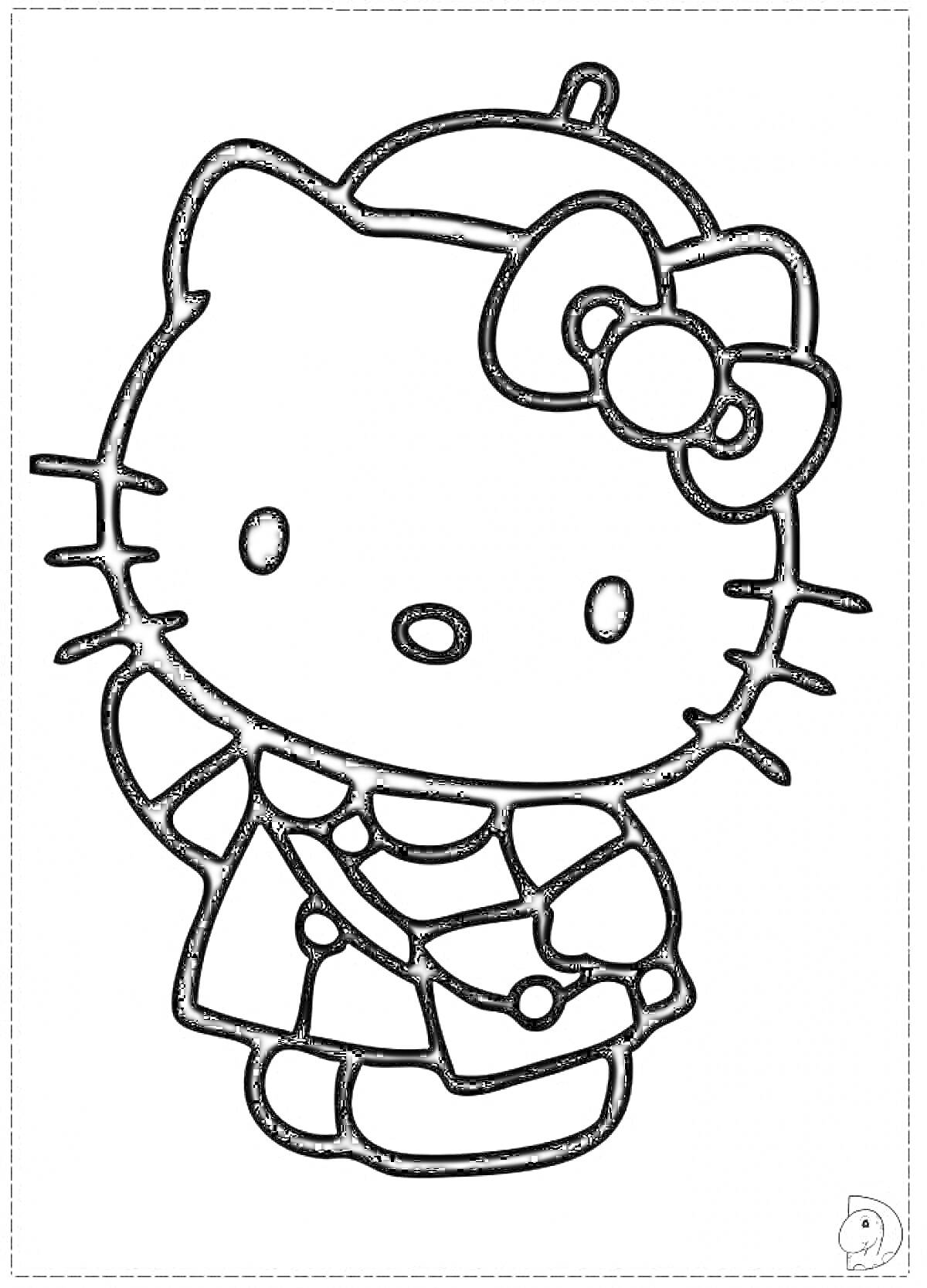 Раскраска Hello Kitty в берете с бантом, накидкой и сумочкой, машет рукой
