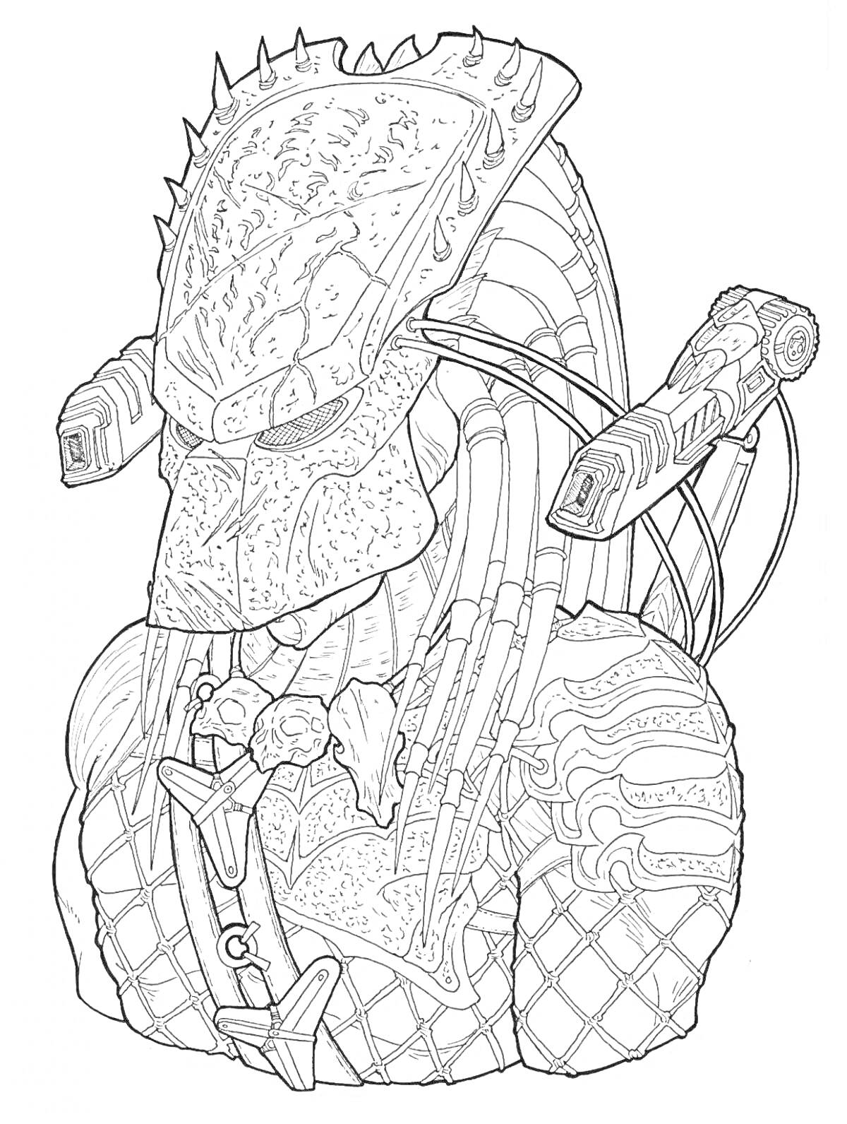 На раскраске изображено: Оружие, Броня, Шипы, Накидка, Маска, Фантастика, Научная фантастика