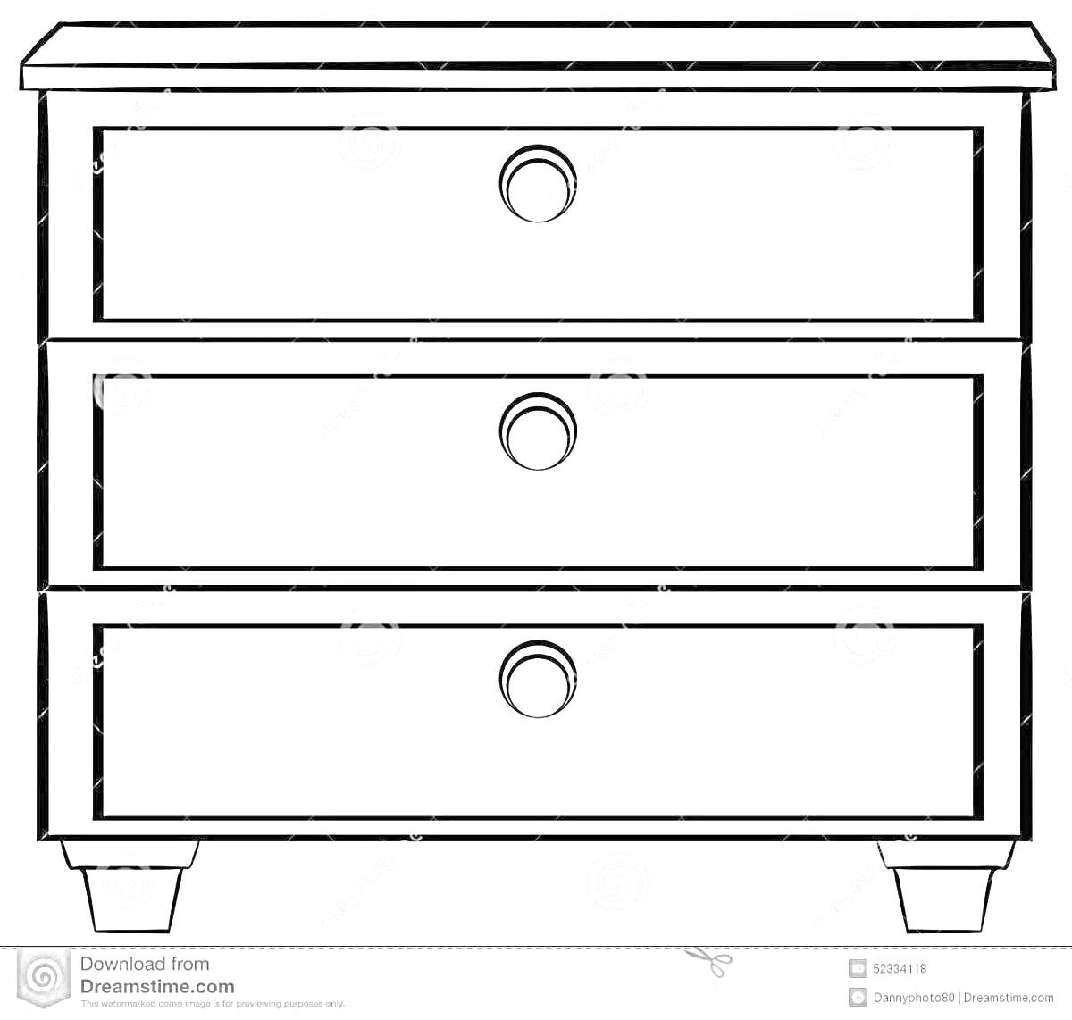 Раскраска Тумбочка с тремя выдвижными ящиками и круглыми ручками
