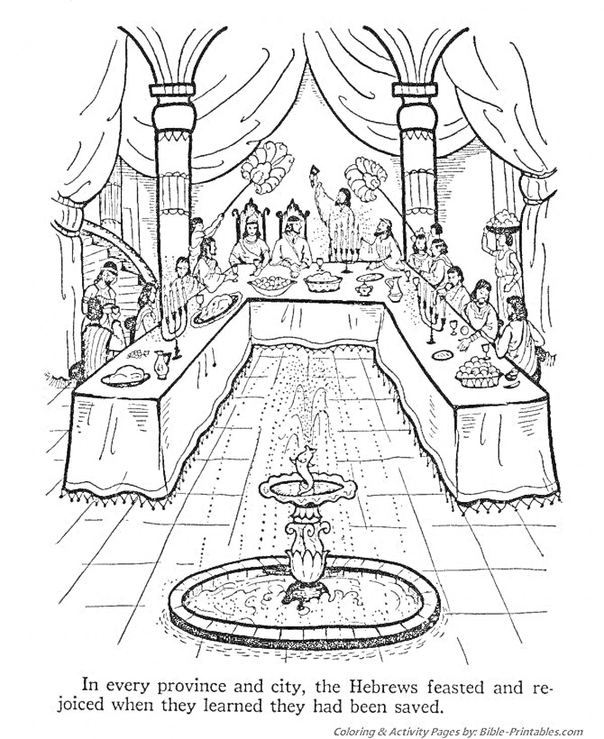 На раскраске изображено: Пир, Теремные палаты, Гости, Длинный стол, Еда, Фонтан, Колонны, Балдахин, Средневековье