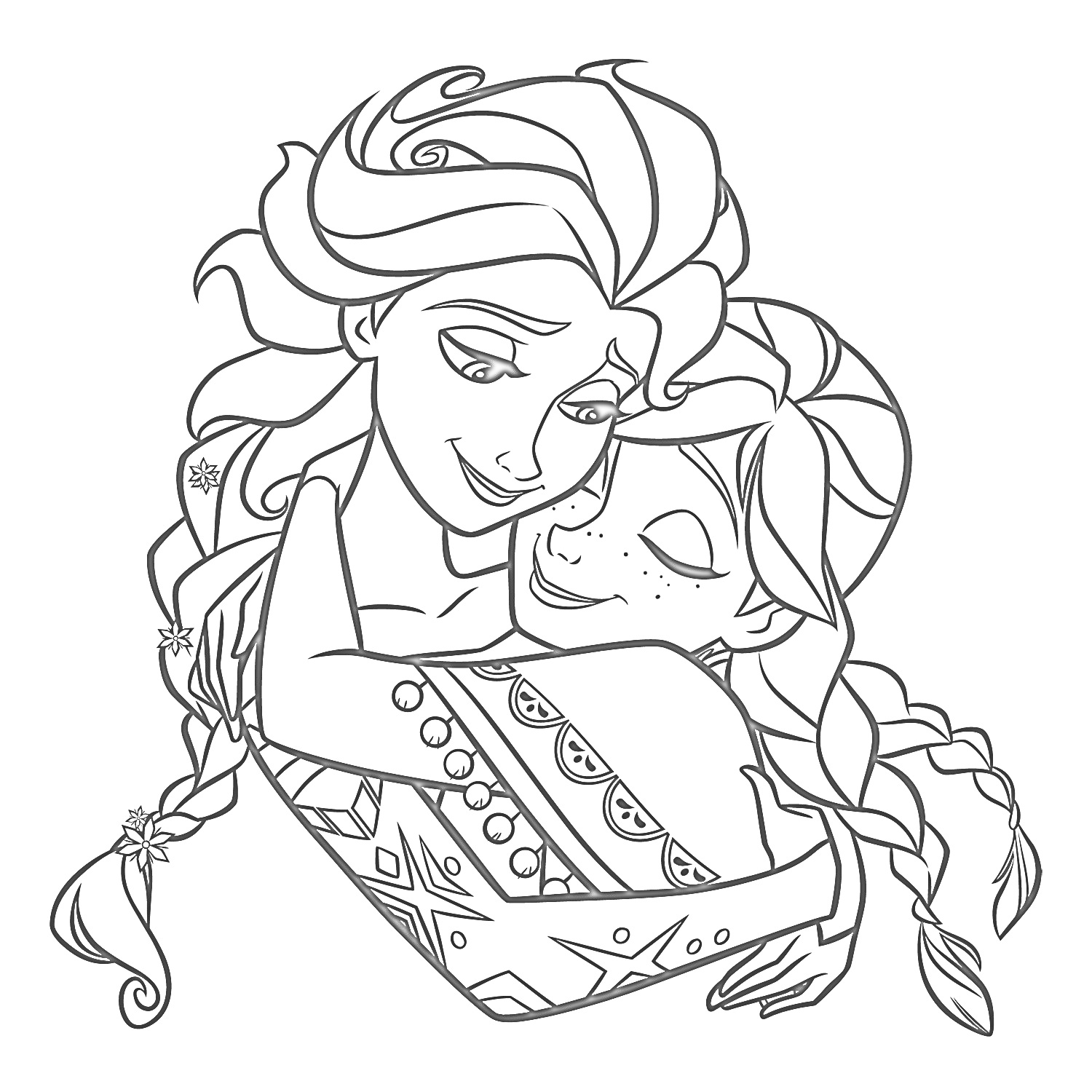 Раскраска Эльза и Анна в объятиях, рисунок, косы, цветы в волосах, узор на платье
