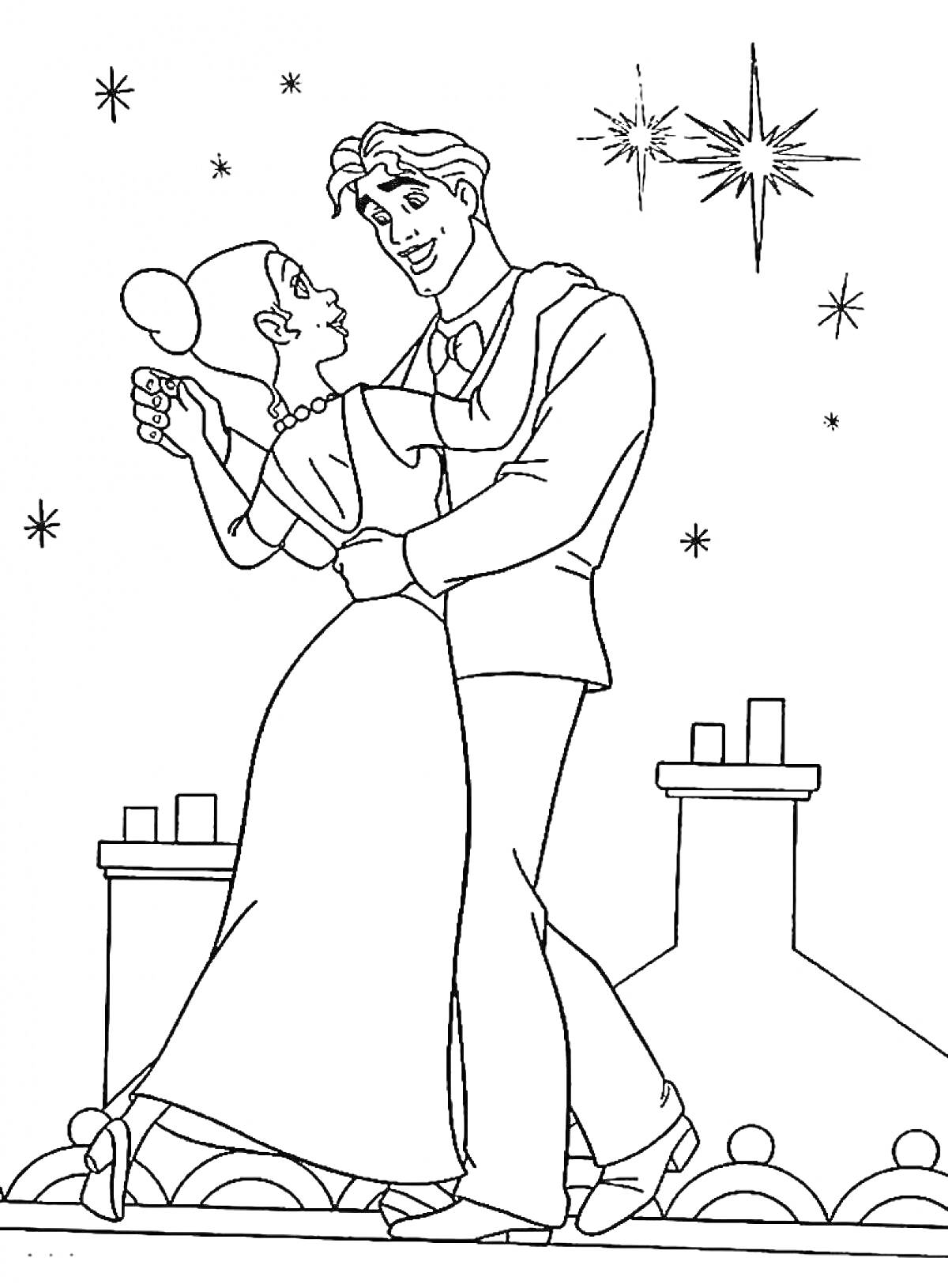 Раскраска Принц и принцесса танцуют на крыше под звездами.