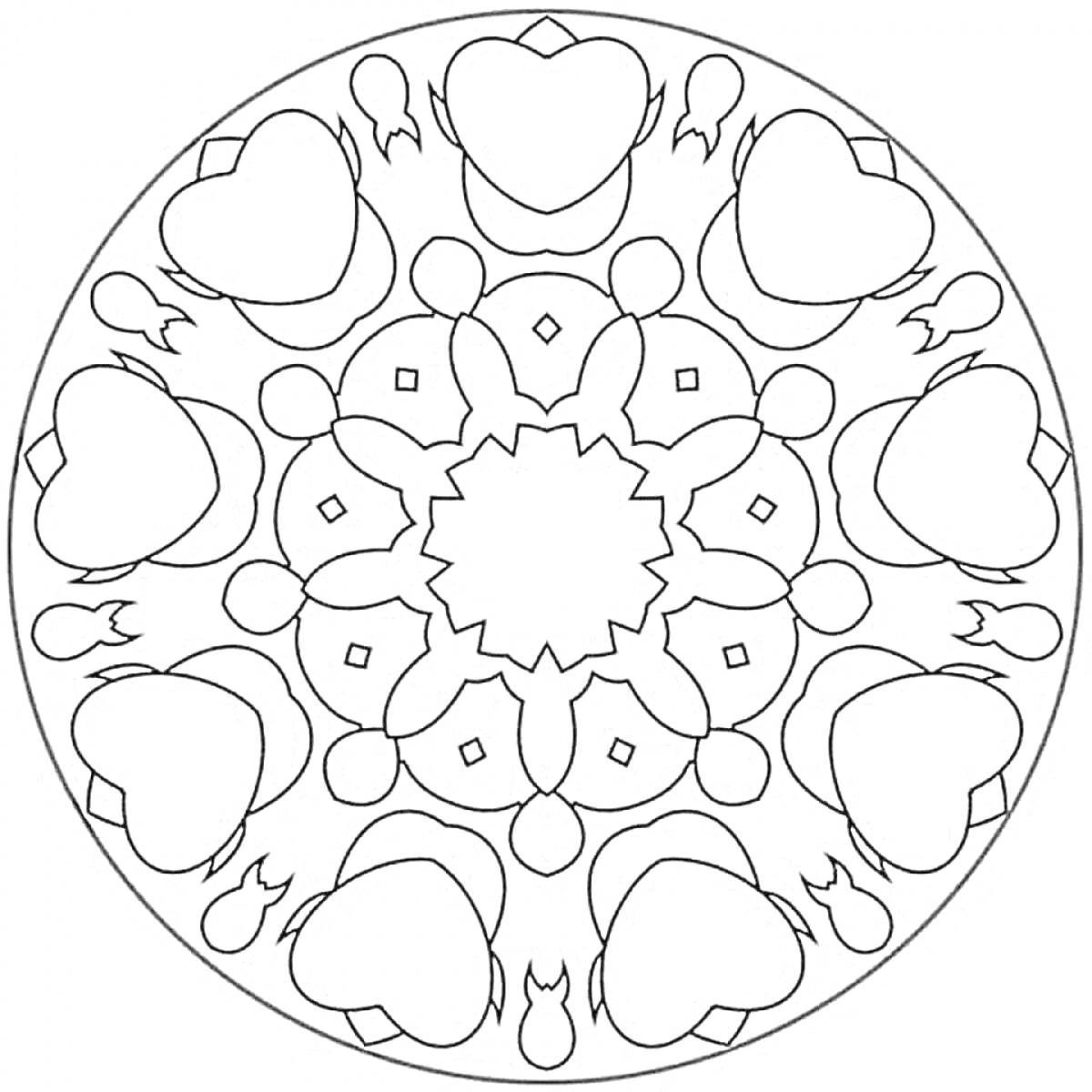 На раскраске изображено: Тарелка, Сердца, Абстрактные фигуры, Геометрия, Симметрия, Мандала