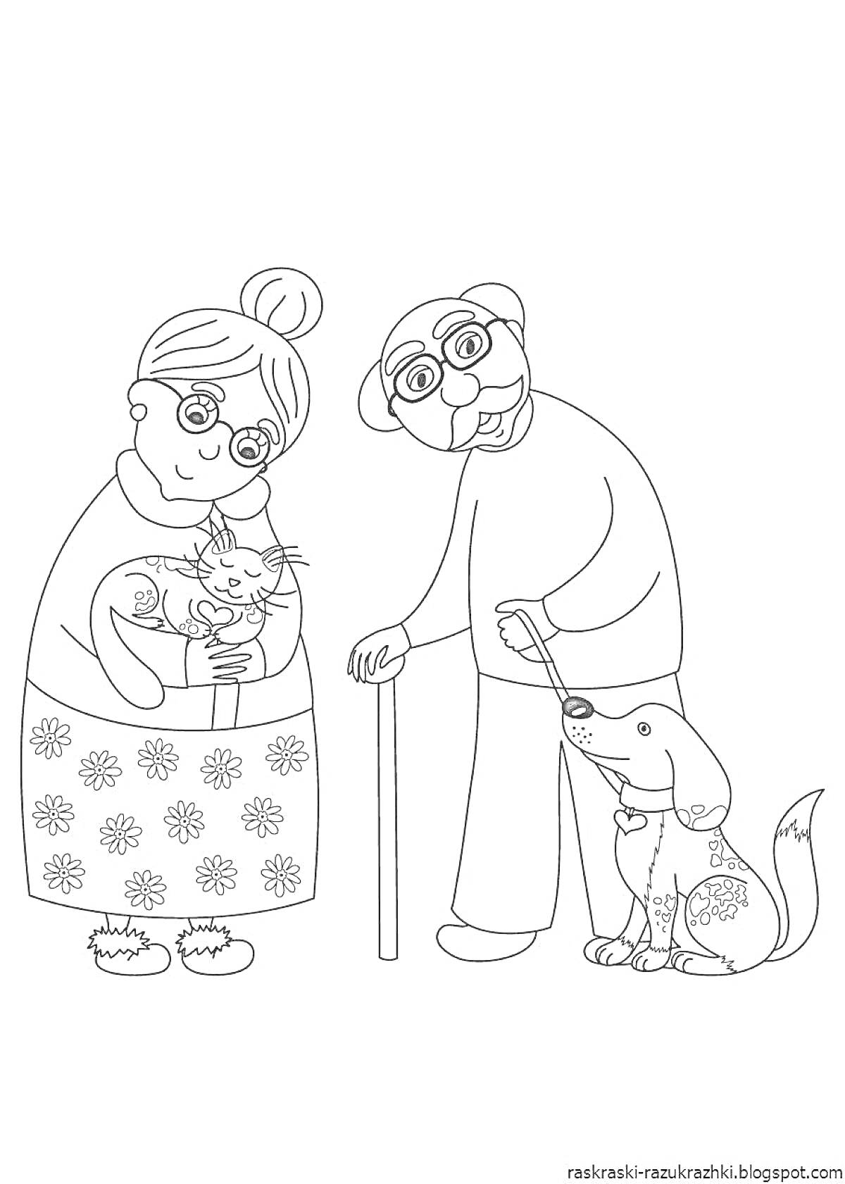 На раскраске изображено: Бабушка, Собака, Очки, Цветы