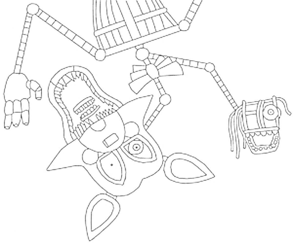 Раскраска Сломанная аниматроника с механическими частями и бантом