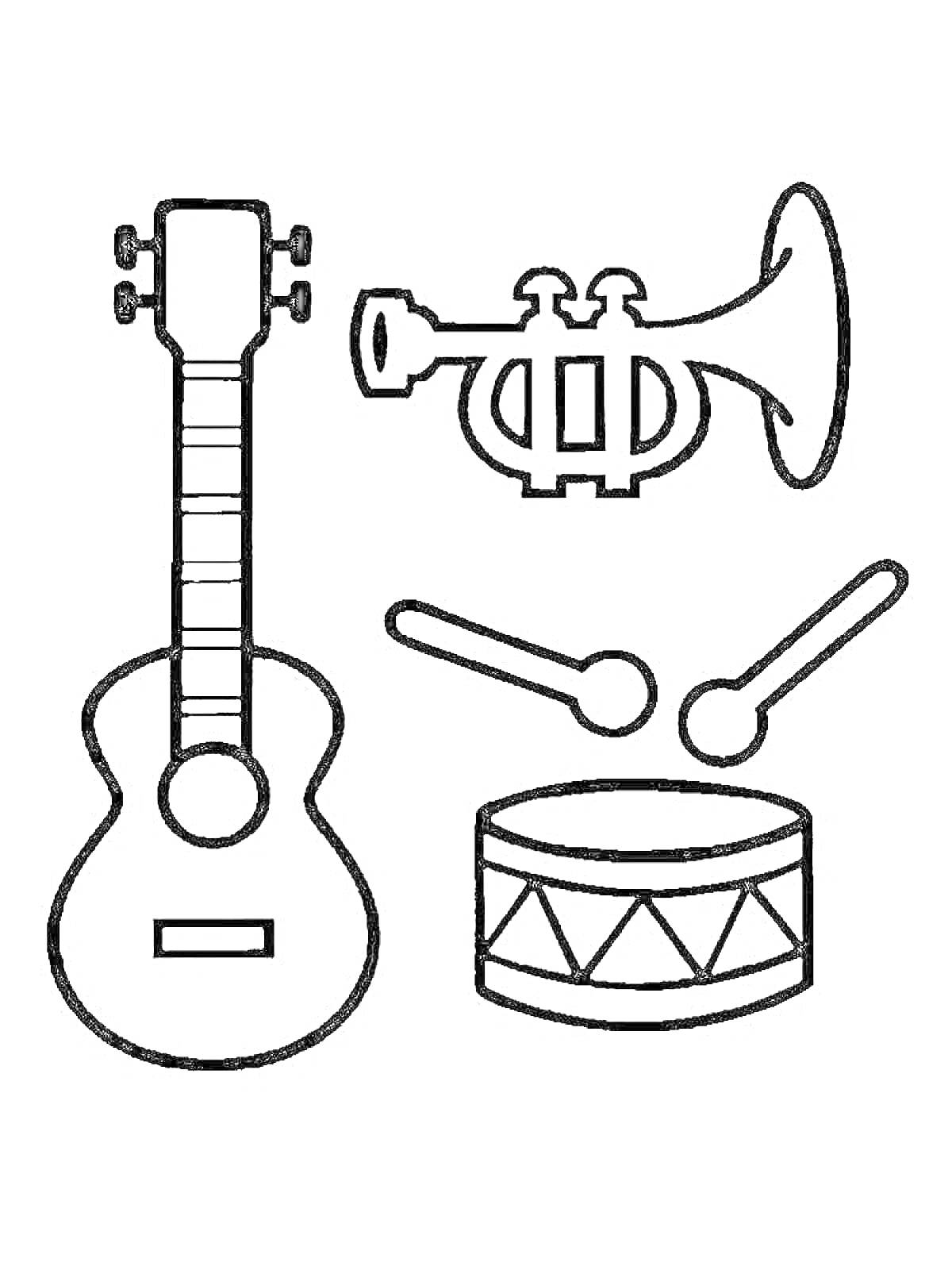 На раскраске изображено: Гитара, Труба, Барабан, Барабанные палочки, Музыкальные инструменты, Музыка