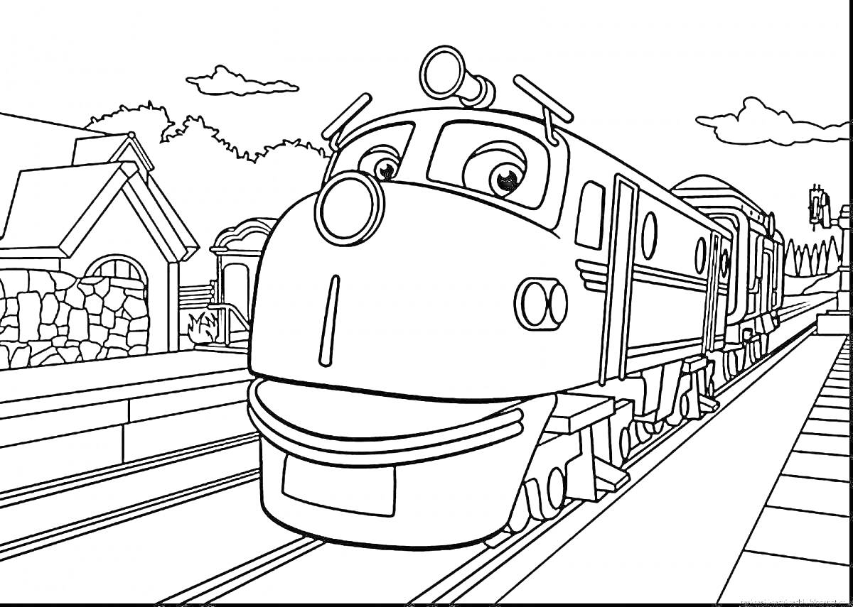 Раскраска Паровозик на железной дороге у вокзала