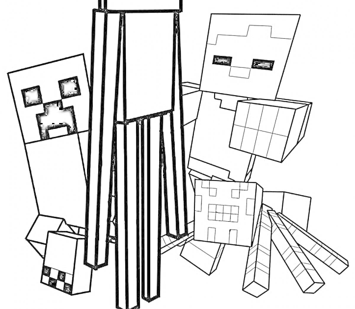 Раскраска Minecraft - Крипер, Эндермен, Скелет и Паук