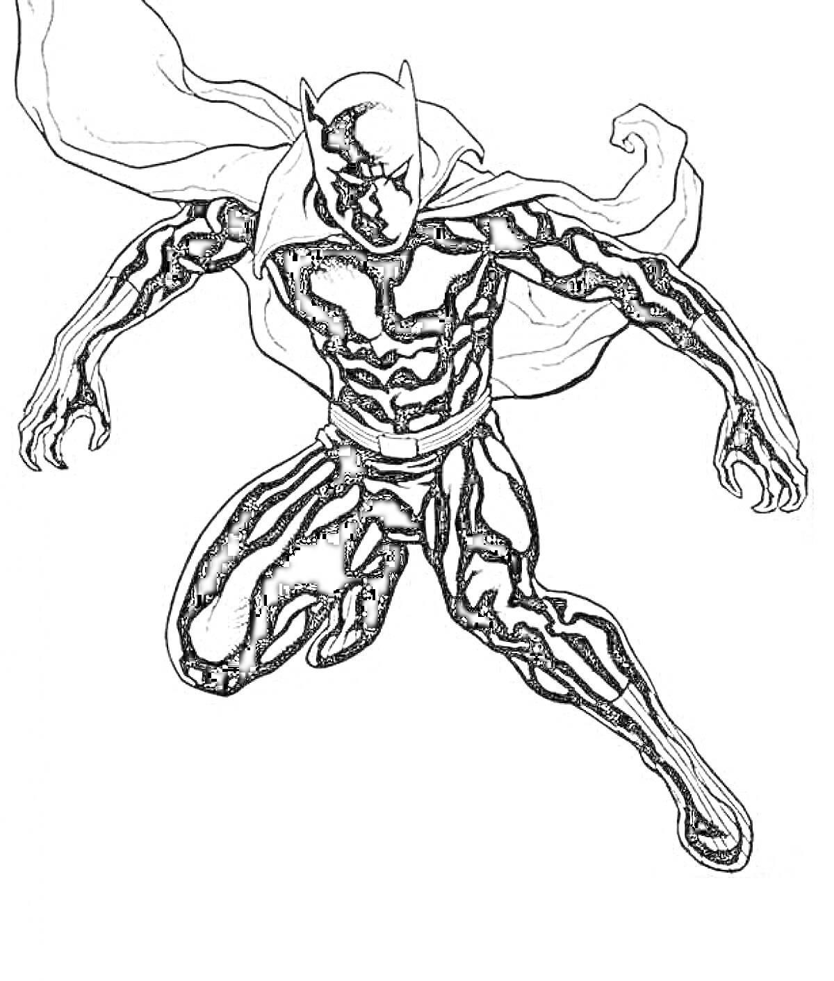 Раскраска Супергерой в черном костюме с плащом, прыгающий вниз