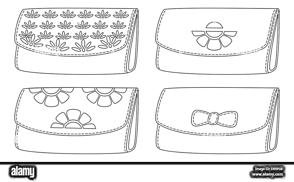 Раскраска четыре кошелька с цветочным узором и бантиком