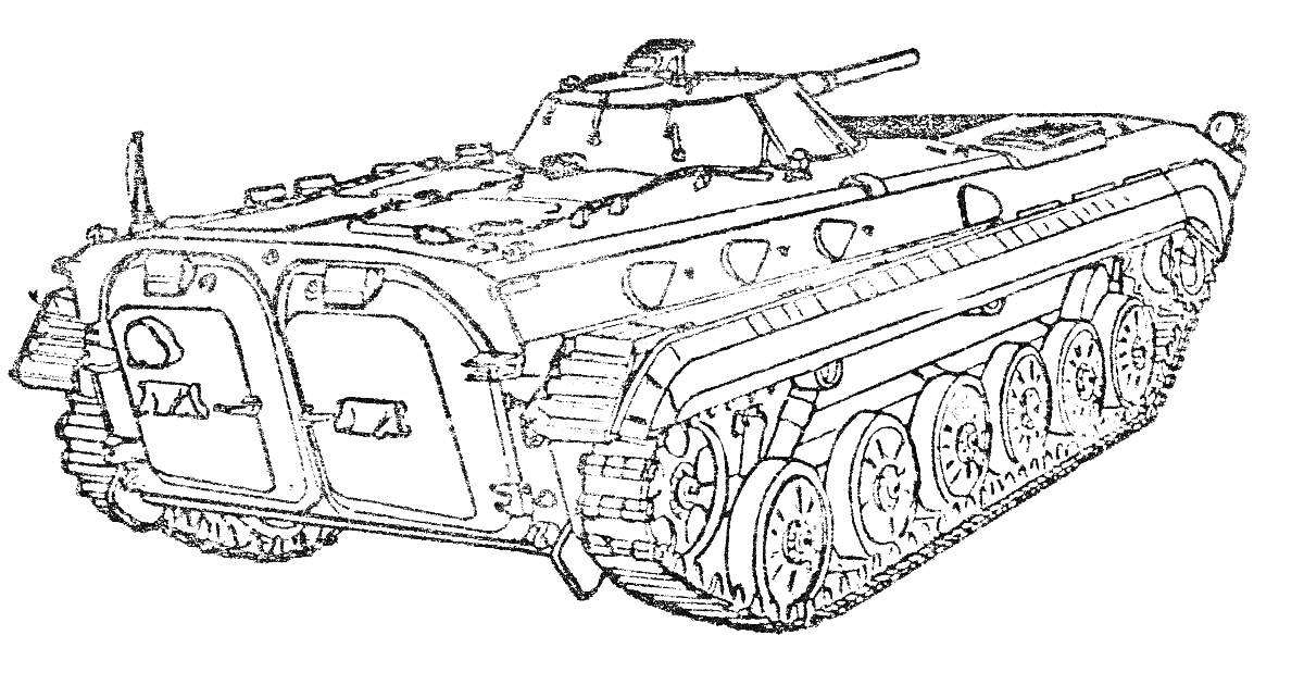На раскраске изображено: Боевая машина пехоты, БМП-2, Гусеницы, Орудие, Бронетехника, Военная техника