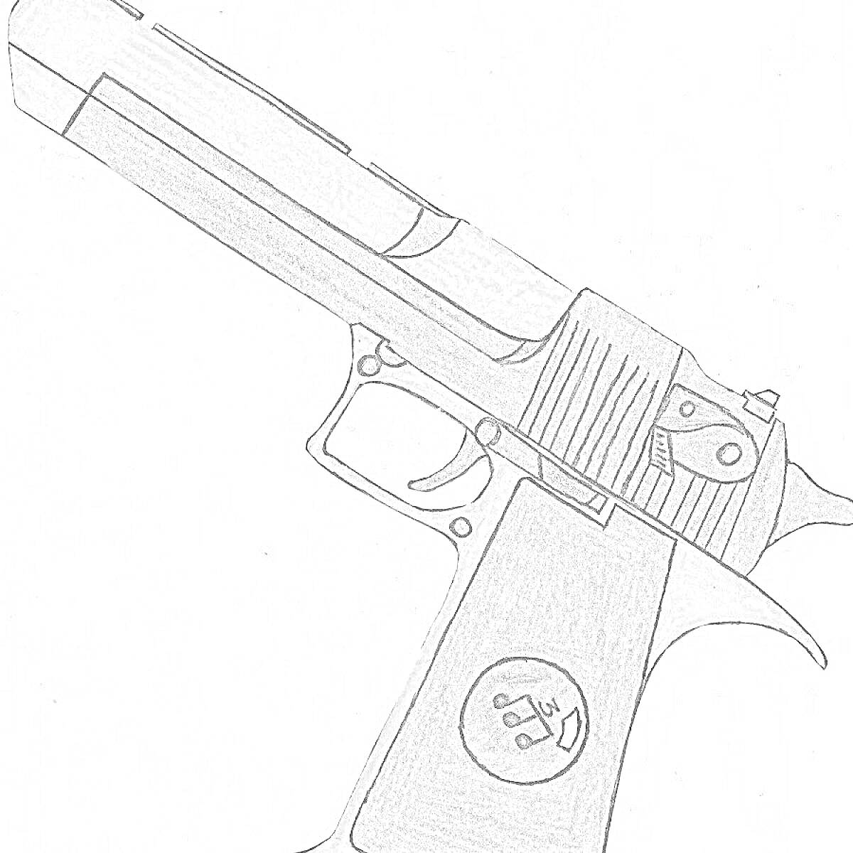 На раскраске изображено: Пистолет, Desert Eagle, Оружие, Затвор, Рукоятка