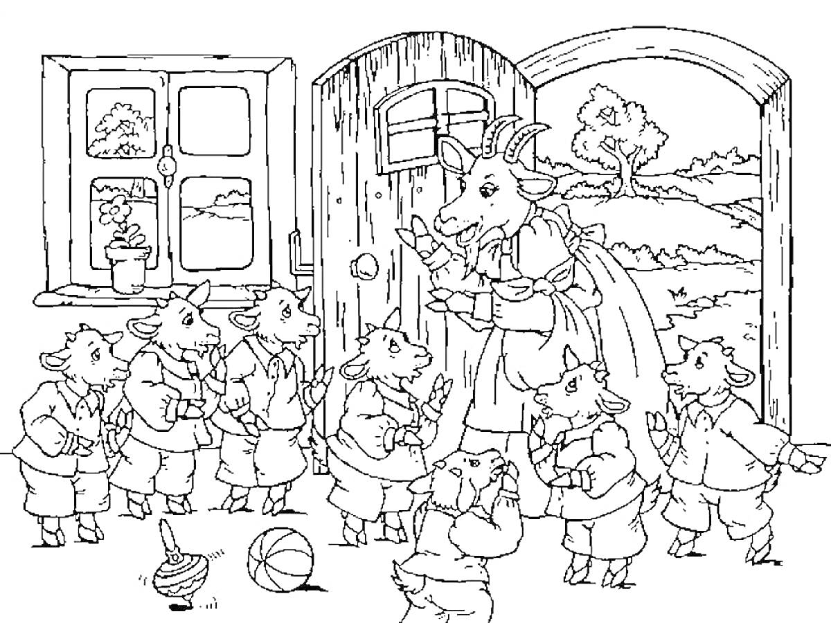 На раскраске изображено: Волк и семеро козлят, Из сказок, Мама-коза, Дом, Дверь, Юла, Природа, Шары, Окна